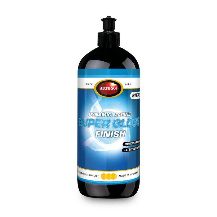 AUTOSOL® DYNAMIC MARINE SUPER GLOSS FINISH produces a brilliant high gloss and an impressive color deepening. Developed for the simple and effective removal of holograms, polishing marks and for reconditioning slightly weathered surfaces. Suitable for both gelcoat and painted surfaces. Ideal as a second finishing step after the application of AUTOSOL® DYNAMIC MARINE HEAVY CUT COMPOUND. Removes light sanding marks (P3000).